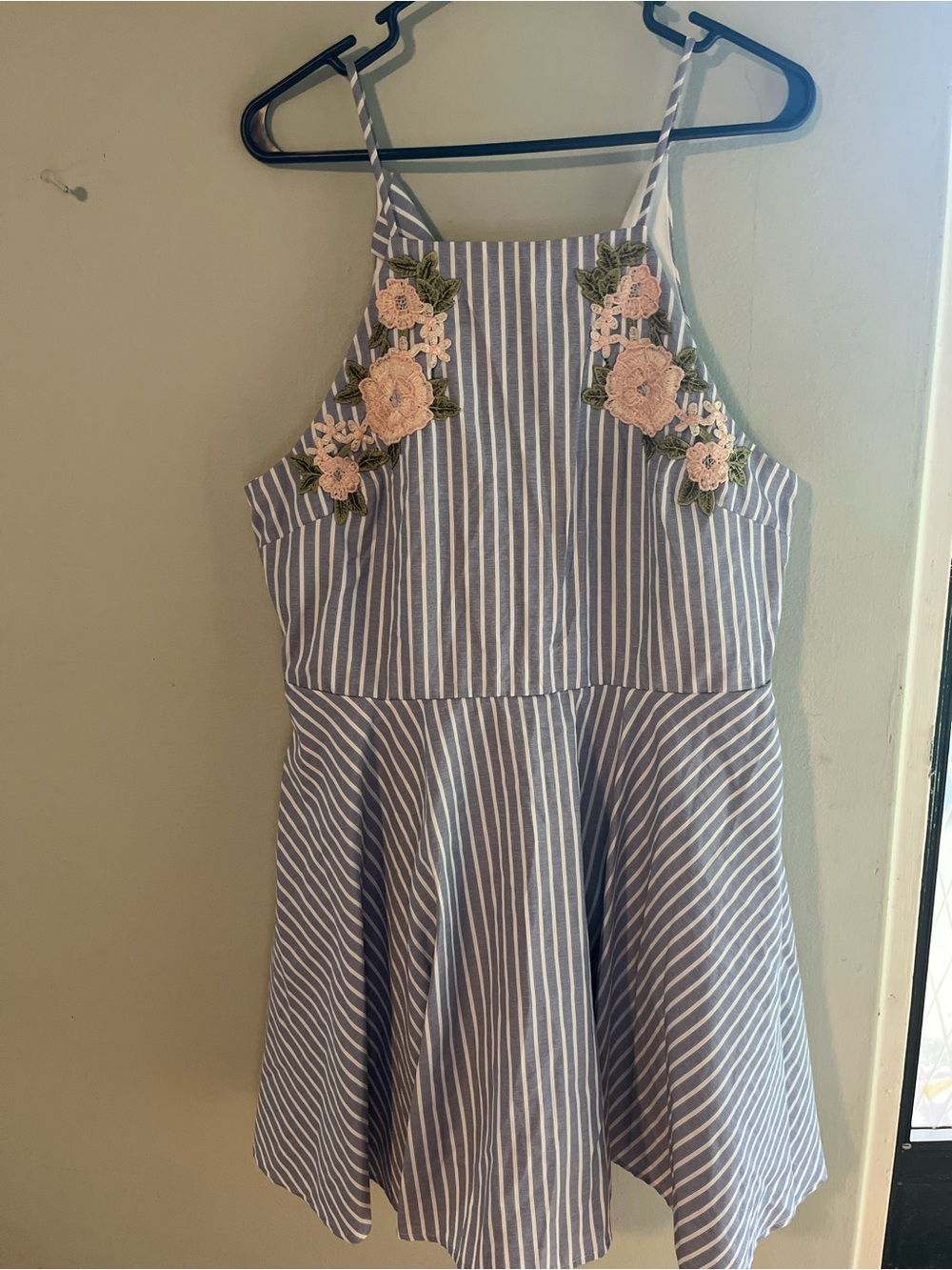 City Studio Blue and White Striped Dress with Pink Floral Appliqué